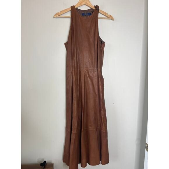 NEW Polo Ralph Lauren Sleeveless Fit and Flare Leather Dress Brown Size: 4 - Picture 2 of 7